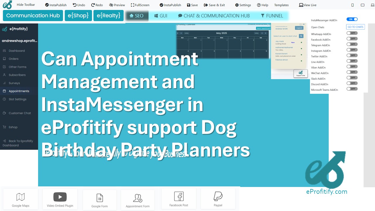 Can Appointment Management and InstaMessenger in eProfitify support Dog Birthday Party Planners